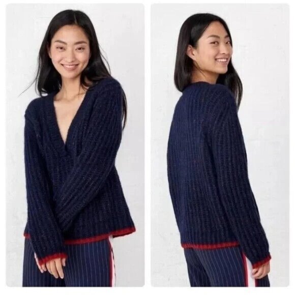 La Ligne Fuzzy Wuzzy V-Neck Alpaca Wool Sweater in Navy Blue Size Large - Picture 1 of 8